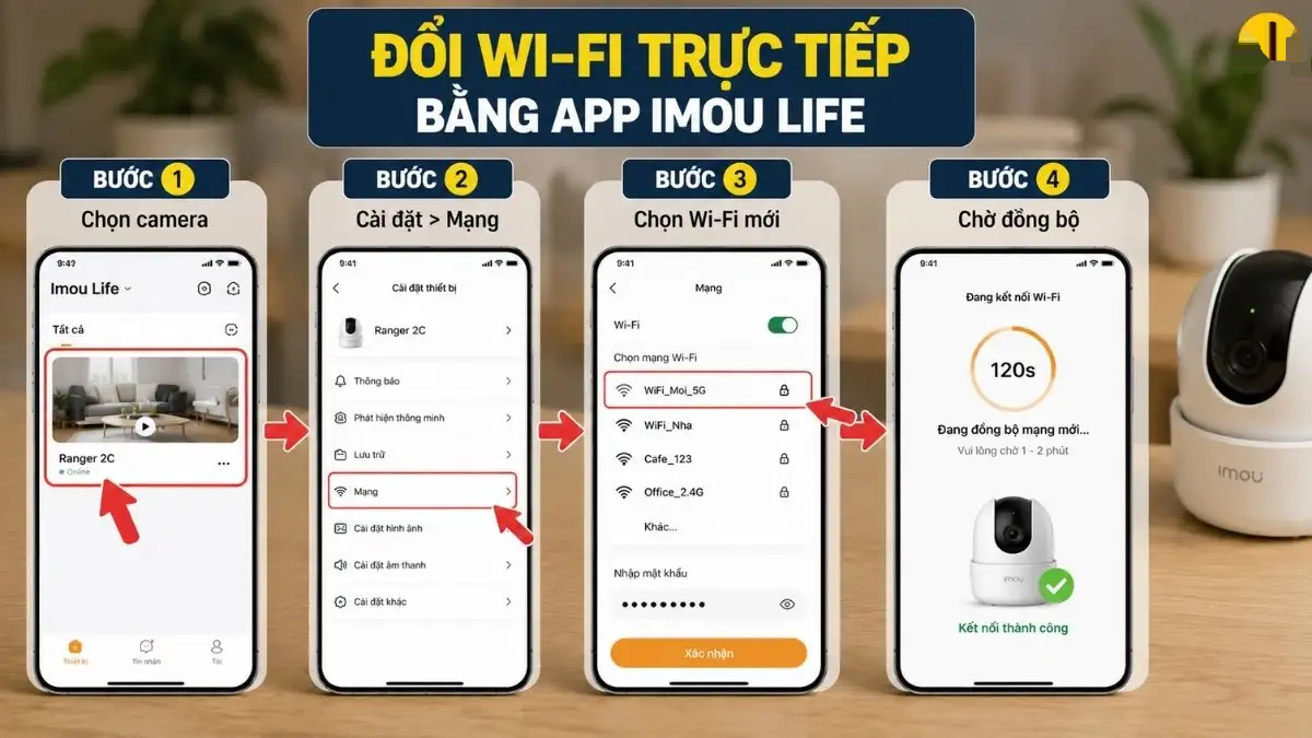 Hướng dẫn đổi WiFi cho camera IMOU qua ứng dụng Giao diện ứng dụng IMOU Life hiển thị các bước đổi mạng WiFi cho camera