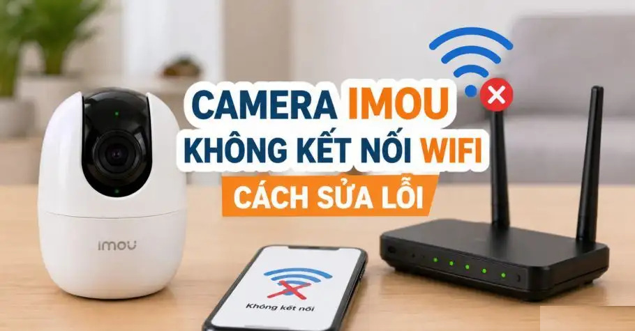 Camera IMOU không kết nối WiFi: Sửa lỗi 2.4GHz/5GHz, Firmware và xung đột IP Camera an ninh IMOU màu trắng đặt trên bàn, biểu tượng WiFi bị gạch chéo thể hiện lỗi kết nối.