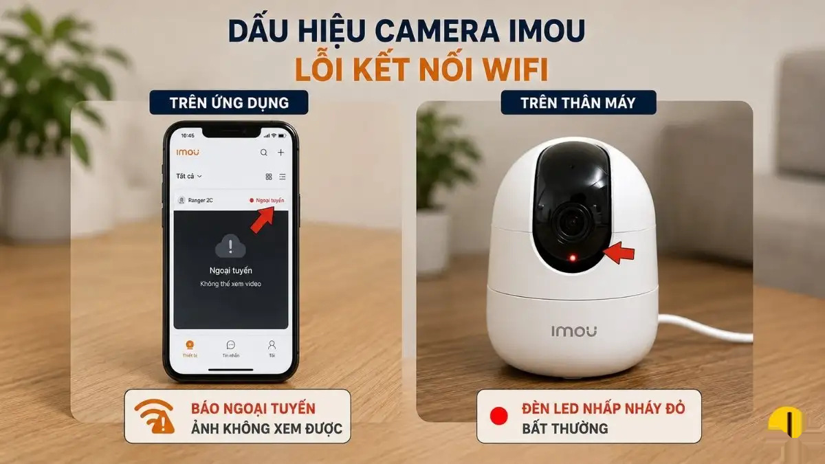 Dấu hiệu camera IMOU lỗi kết nối WiFi Màn hình điện thoại hiển thị ứng dụng Imou Life với trạng thái "Offline" của camera, cùng đèn LED đỏ nhấp nháy trên thân camera.