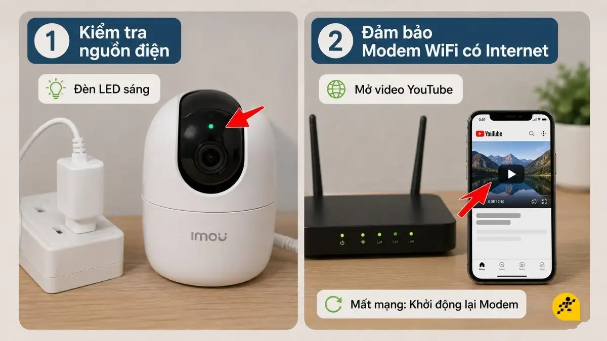 Kiểm tra Modem WiFi có Internet Một người đang kiểm tra đèn báo hiệu trên cục Modem WiFi để đảm bảo có kết nối Internet.