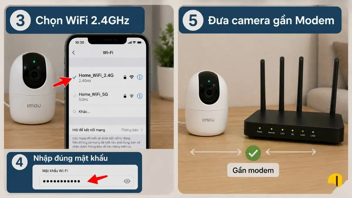 Đặt camera IMOU gần Modem WiFi Một người đang đặt camera IMOU gần cục Modem WiFi để kiểm tra tín hiệu kết nối.