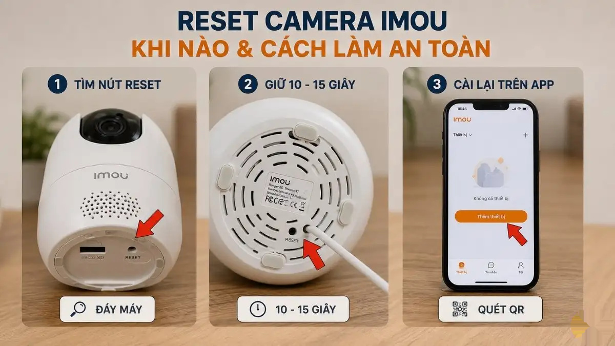 Khi nào nên reset camera IMOU Một bàn tay đang nhấn nút reset nhỏ trên thân camera an ninh IMOU.