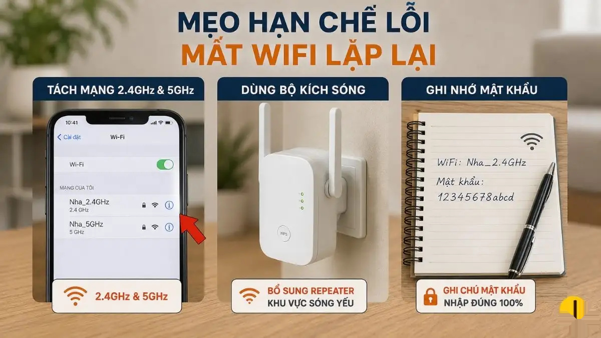 Mẹo hạn chế lỗi mất WiFi cho camera IMOU Biểu tượng WiFi và các thiết bị mạng, thể hiện việc tối ưu hóa kết nối để tránh lỗi.