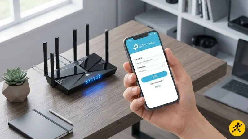 Tải ứng dụng TP-Link Tether để cài đặt WiFi Màn hình điện thoại hiển thị ứng dụng TP-Link Tether và nút tải về