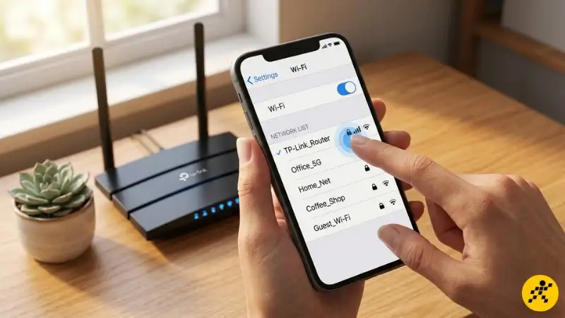 Kết nối WiFi mặc định của router TP-Link trên điện thoại Màn hình cài đặt WiFi trên điện thoại, hiển thị danh sách các mạng WiFi khả dụng