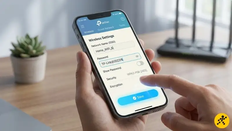 Nhập tên và mật khẩu WiFi mới trong ứng dụng Tether Màn hình ứng dụng Tether hiển thị các trường để nhập tên WiFi (SSID) và mật khẩu mới