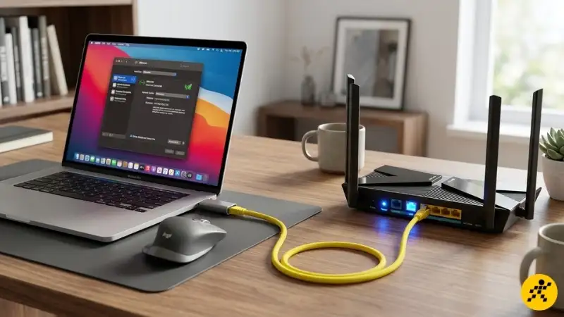 Kết nối router TP-Link với máy tính bằng cáp LAN Dây cáp mạng LAN được cắm vào cổng trên router TP-Link và máy tính