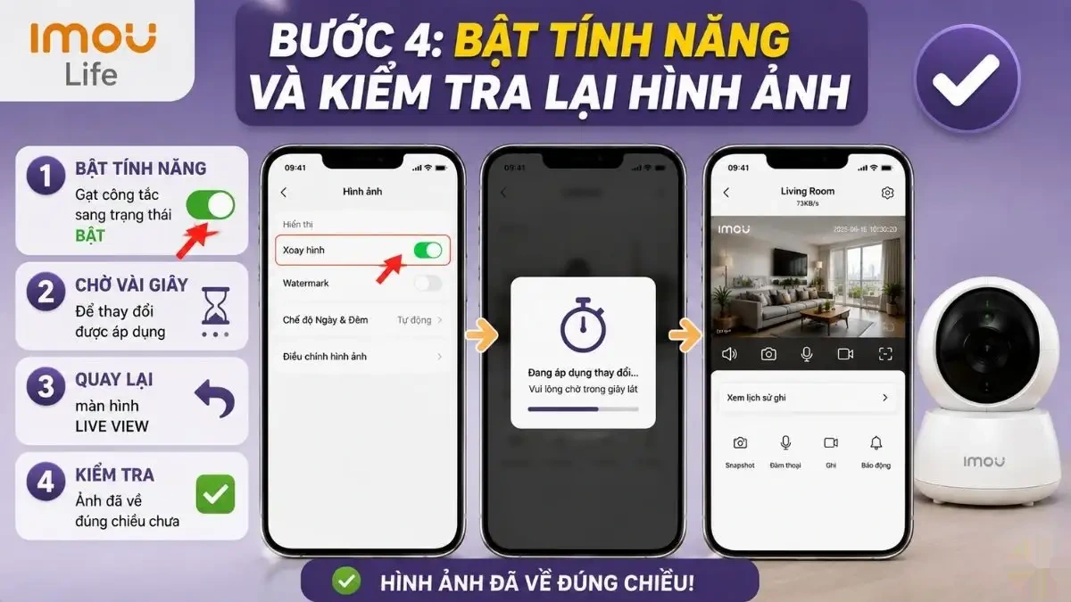 Bật tính năng lật hình ảnh và kiểm tra lại Màn hình điện thoại hiển thị tính năng lật hình ảnh đã được bật, hình ảnh camera đã đúng chiều