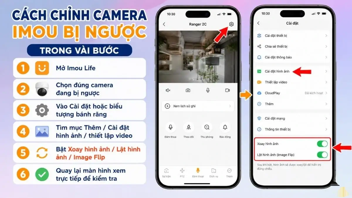 Các bước chỉnh camera Imou bị ngược trên điện thoại Màn hình điện thoại hiển thị ứng dụng Imou Life với các bước chỉnh camera bị ngược