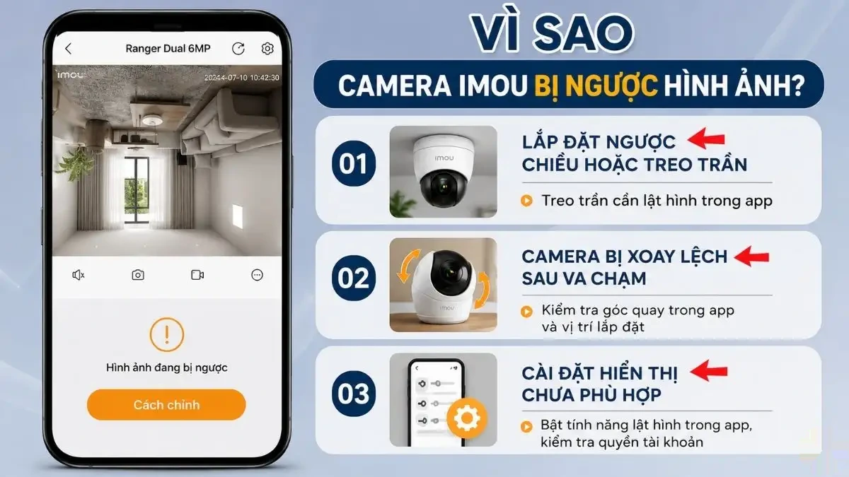 Các nguyên nhân khiến camera Imou bị ngược hình Hình ảnh minh họa camera Imou bị lắp ngược hoặc xoay lệch, dẫn đến hình ảnh bị đảo chiều