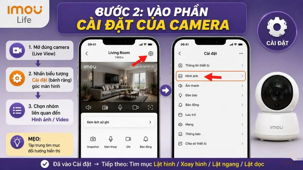 Truy cập phần Cài đặt của camera Imou Màn hình điện thoại hiển thị giao diện cài đặt của camera Imou trong ứng dụng
