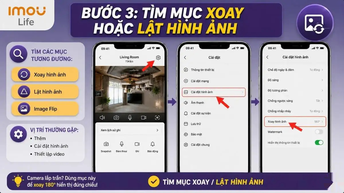 Tìm mục xoay hoặc lật hình ảnh trong cài đặt Imou Màn hình điện thoại hiển thị mục 'Xoay hình ảnh' hoặc 'Image Flip' trong cài đặt camera Imou