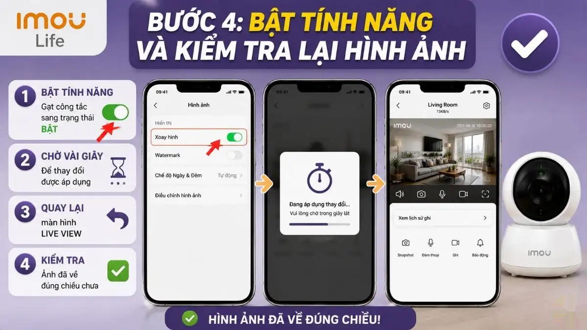 Bật tính năng lật hình ảnh và kiểm tra lại Màn hình điện thoại hiển thị tính năng lật hình ảnh đã được bật, hình ảnh camera đã đúng chiều