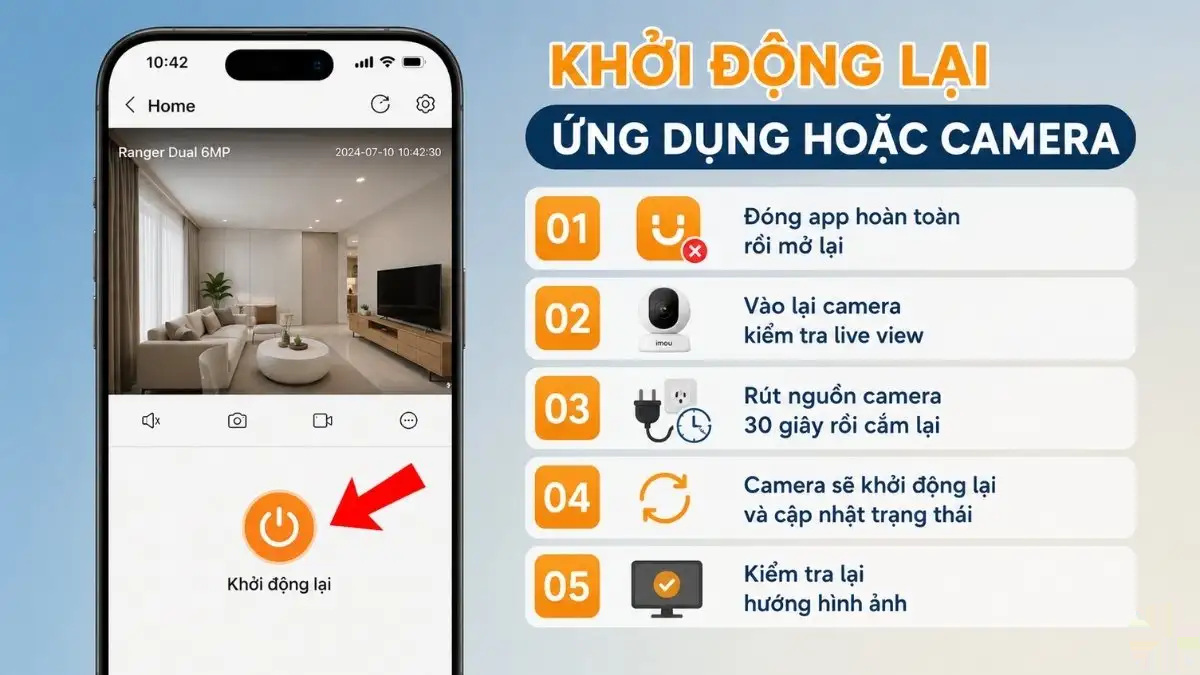 Khởi động lại ứng dụng hoặc camera Imou Hình ảnh minh họa việc khởi động lại camera Imou bằng cách rút nguồn hoặc đóng mở ứng dụng