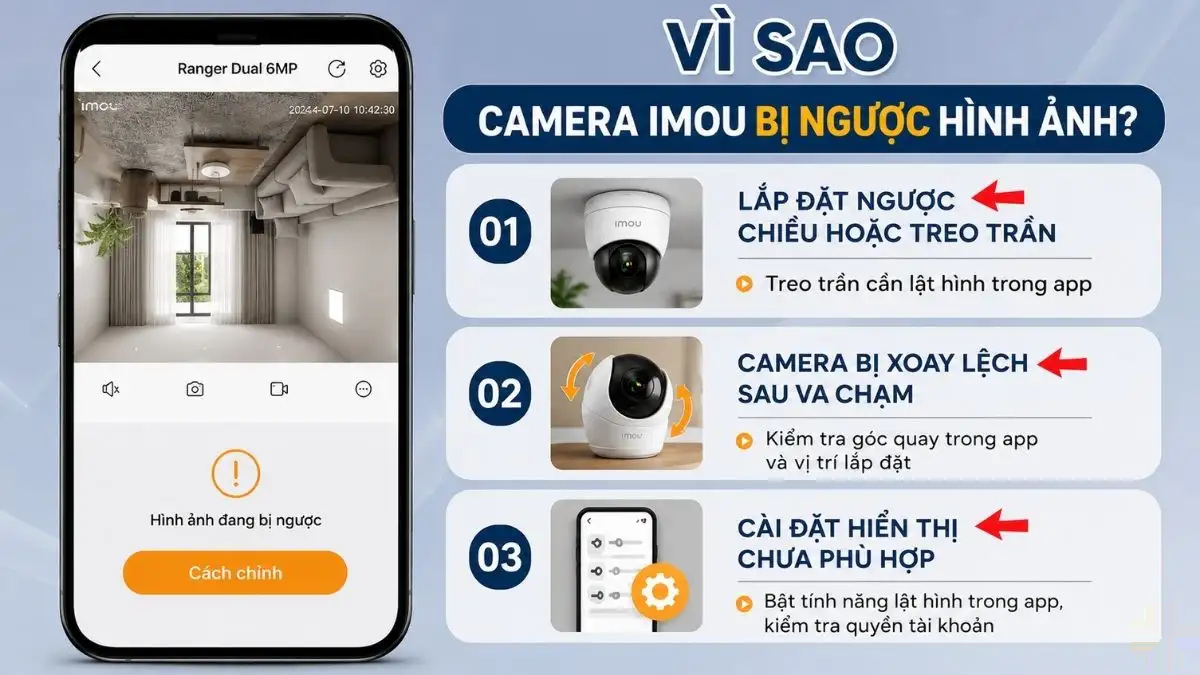 Các nguyên nhân khiến camera Imou bị ngược hình Hình ảnh minh họa camera Imou bị lắp ngược hoặc xoay lệch, dẫn đến hình ảnh bị đảo chiều