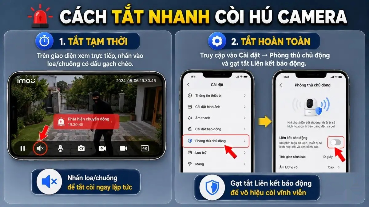 Cách tắt nhanh còi hú trên camera Imou Giao diện ứng dụng Imou Life hiển thị tùy chọn tắt còi hú camera