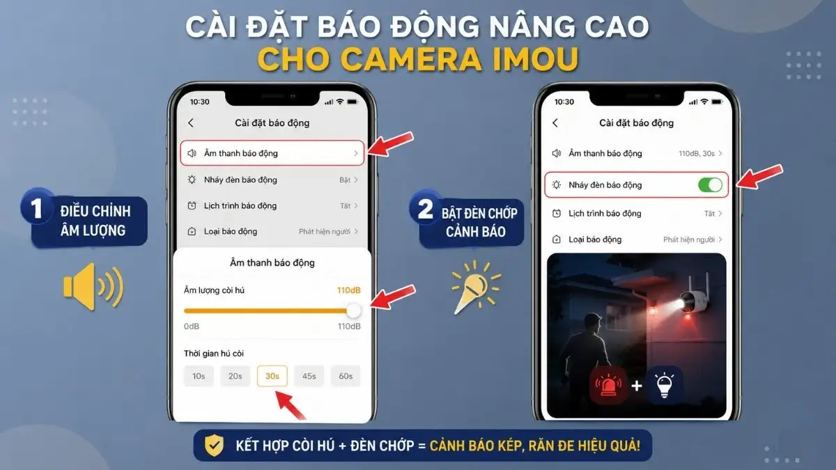 Cài đặt nâng cao cho báo động camera Imou Giao diện cài đặt nâng cao cho camera Imou, bao gồm điều chỉnh âm lượng còi hú và đèn Spotlight
