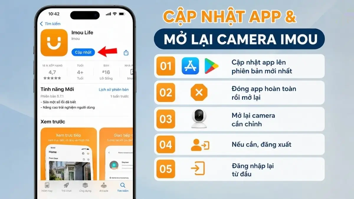 Cập nhật ứng dụng Imou Life để khắc phục lỗi Màn hình điện thoại hiển thị ứng dụng Imou Life đang được cập nhật hoặc giao diện ứng dụng