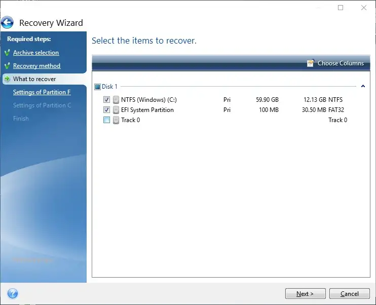 Chọn các phân vùng cần bung ghost Giao diện Acronis True Image hiển thị các phân vùng được chọn, lưu ý không chọn Track 0
