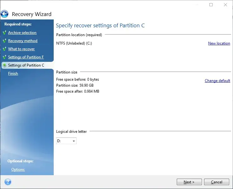 Chọn phân vùng chứa Windows và điều chỉnh kích thước Màn hình Acronis True Image hiển thị tùy chọn chọn phân vùng chứa Windows và điều chỉnh kích thước, chú ý dung lượng trống