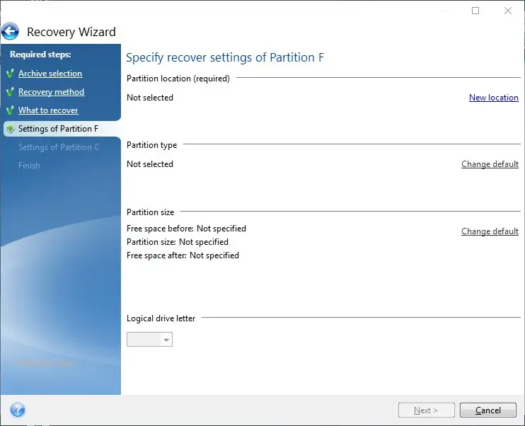 Chọn phân vùng EFI Màn hình Acronis True Image hiển thị tùy chọn để chọn phân vùng EFI