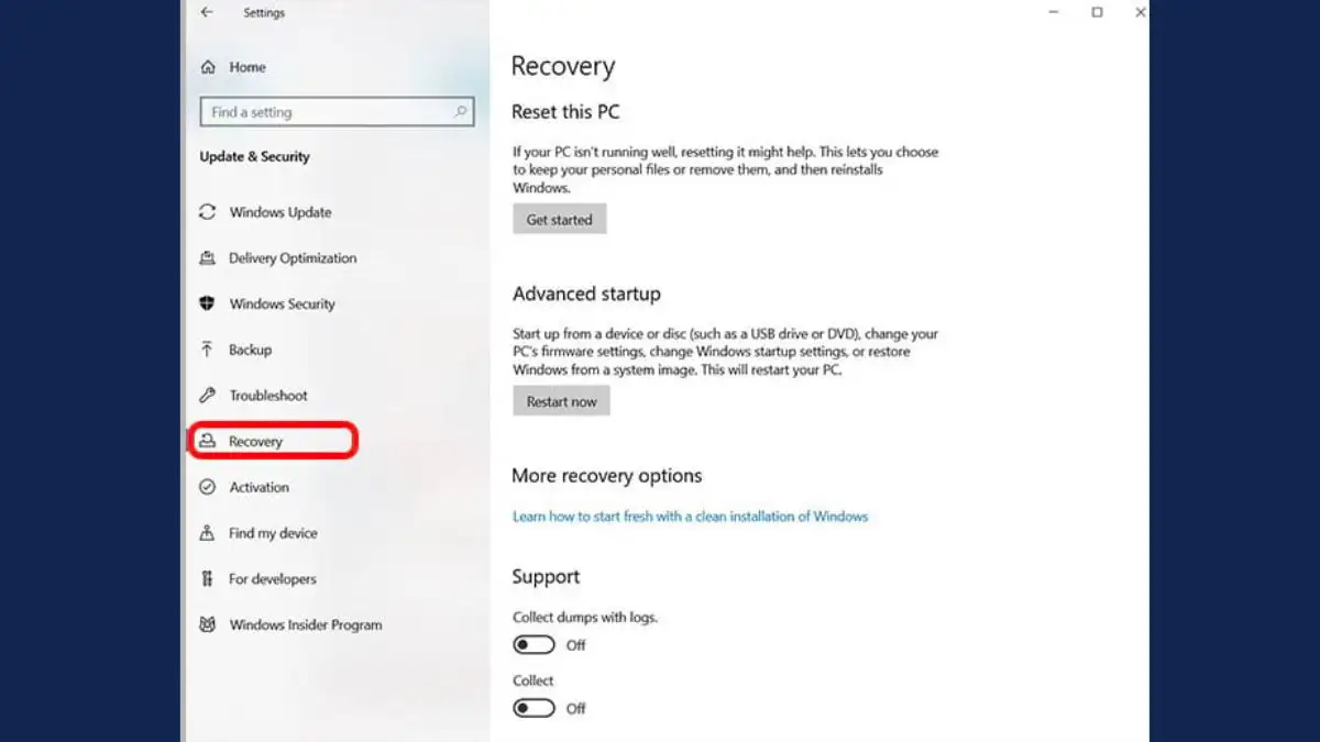 Chọn Recovery trong Update & Security Mục Recovery được chọn trong phần Update & Security của Windows 10