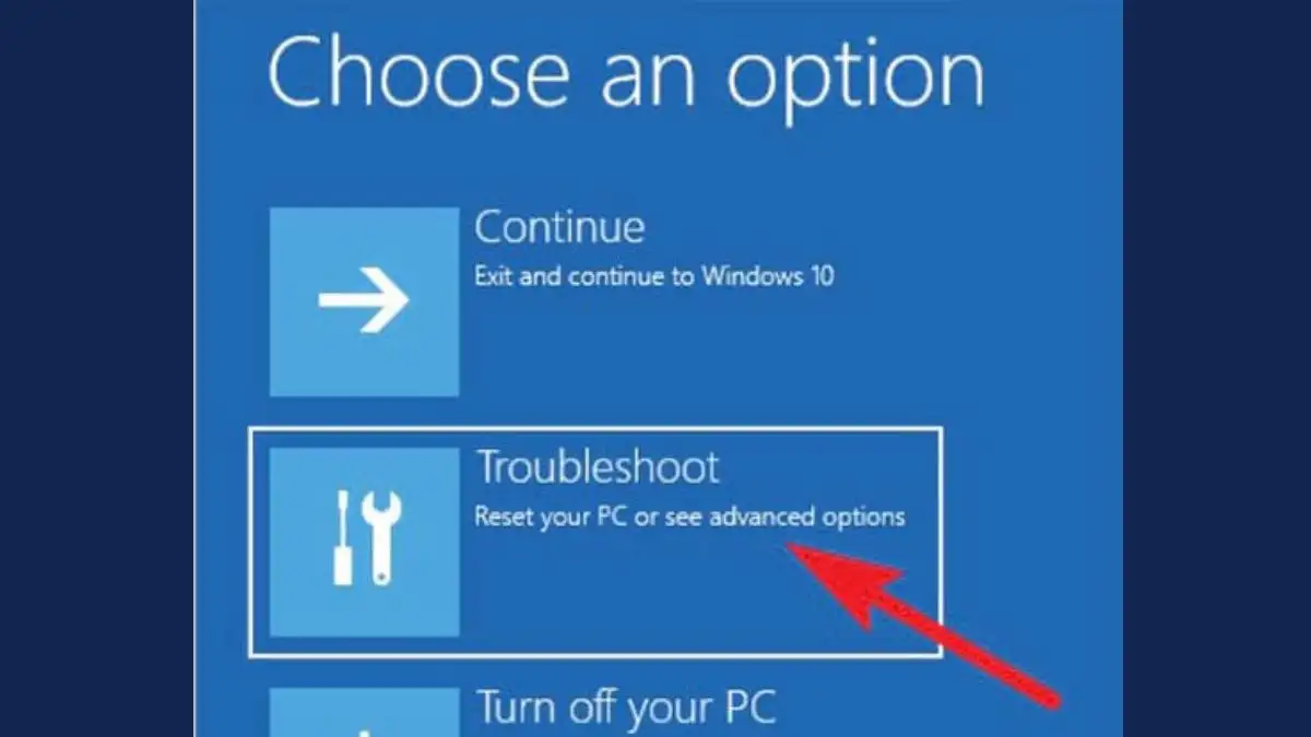 Chọn Troubleshoot từ màn hình khởi động Màn hình 'Choose an option' với tùy chọn Troubleshoot được chọn