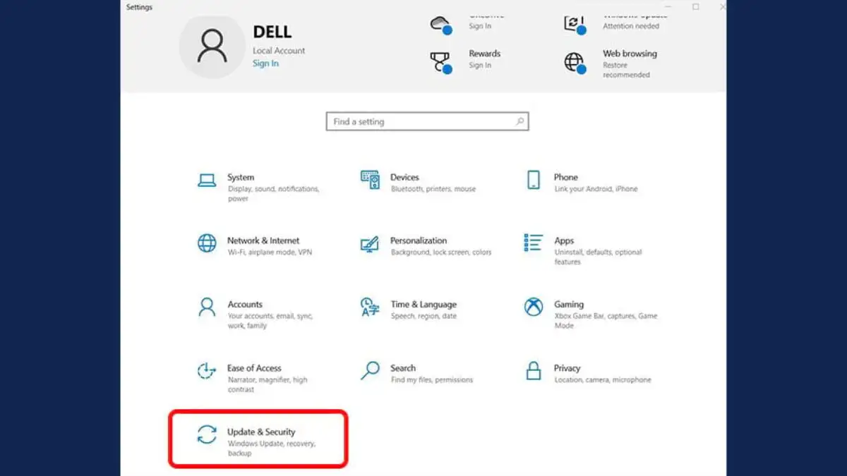 Chọn Update & Security trong Settings Giao diện Settings của Windows 10 với mục Update & Security được chọn