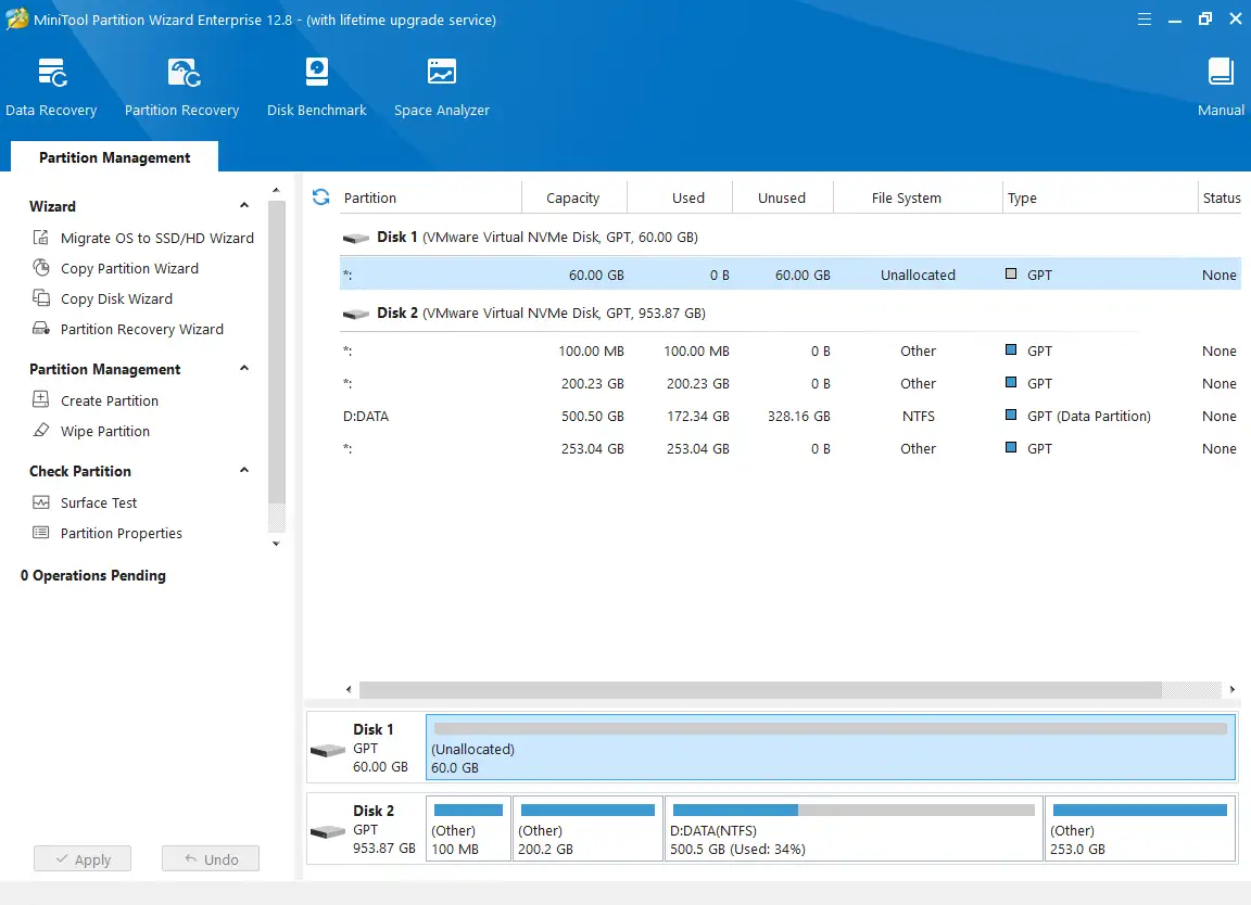 Chuẩn bị phân vùng ổ cứng GPT để cài Windows Giao diện Partition Wizard hiển thị các phân vùng ổ cứng, sẵn sàng cho việc xóa hoặc chia lại để cài đặt Windows trên chuẩn GPT