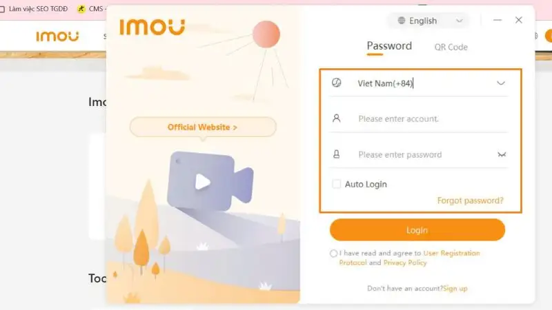 Đăng nhập tài khoản IMOU Life trên máy tính Giao diện đăng nhập của phần mềm IMOU Life PC, yêu cầu nhập email/số điện thoại và mật khẩu.