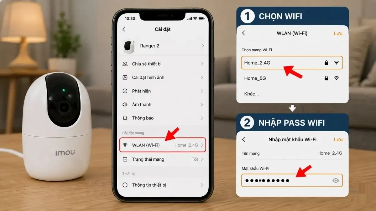Đổi mật khẩu Wi-Fi cho camera IMOU Giao diện cài đặt Wi-Fi trên ứng dụng IMOU Life để cập nhật mật khẩu mạng