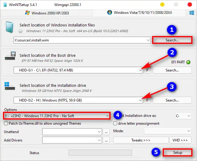 Giao diện chính phần mềm WinNT Setup Giao diện WinNT Setup hiển thị các tùy chọn để chọn file ISO, phân vùng khởi động và phân vùng cài đặt Windows.