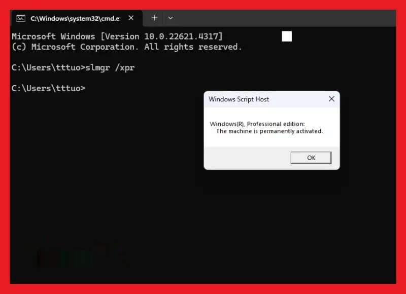 Kết quả kiểm tra bản quyền Windows bằng Command Prompt Màn hình Command Prompt hiển thị kết quả kiểm tra bản quyền Windows, cho biết trạng thái kích hoạt