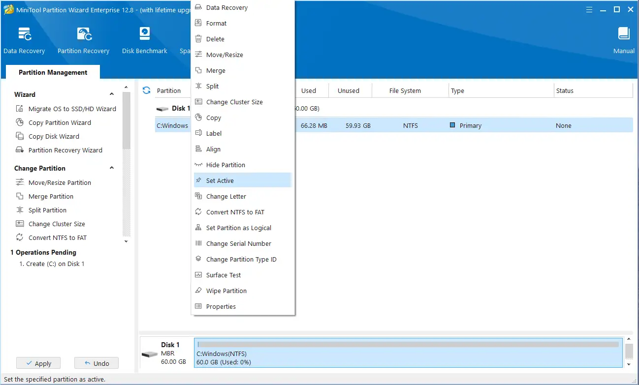Kích hoạt phân vùng cài Windows trên ổ MBR Menu chuột phải trên phân vùng ổ cứng MBR với tùy chọn Set Active được chọn