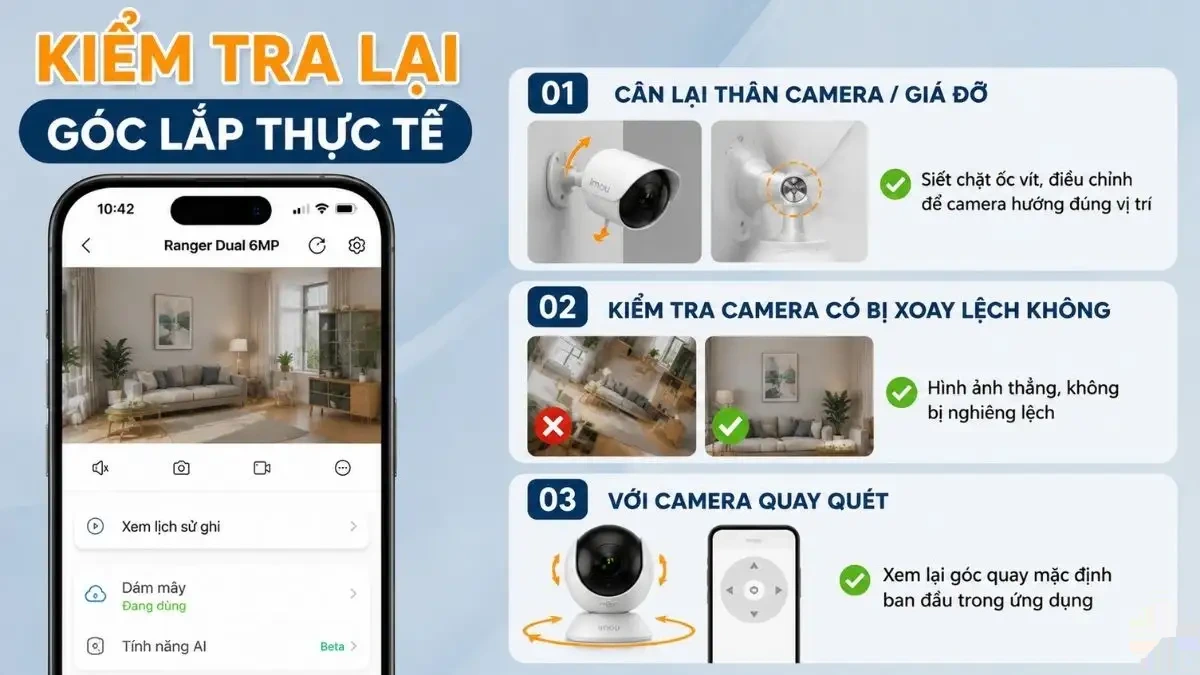 Kiểm tra và điều chỉnh lại góc lắp camera Imou Người dùng đang kiểm tra và điều chỉnh góc lắp đặt của camera Imou ngoài thực tế