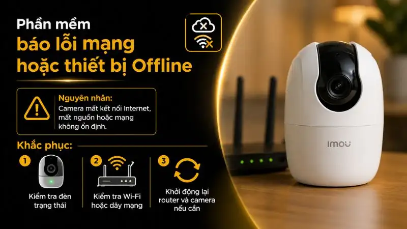 Lỗi camera IMOU báo Offline trên phần mềm IMOU Life Màn hình phần mềm IMOU Life PC hiển thị thông báo lỗi 'Offline' cho một thiết bị camera.