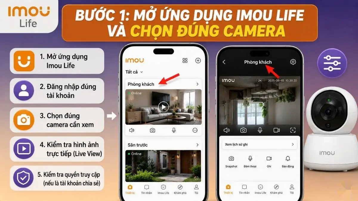 Mở ứng dụng Imou Life và chọn camera cần chỉnh Màn hình điện thoại hiển thị ứng dụng Imou Life, đang chọn một camera cụ thể