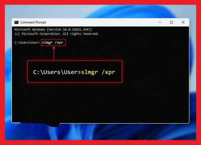 Nhập lệnh kiểm tra bản quyền Windows trong Command Prompt Cửa sổ Command Prompt hiển thị lệnh slmgr /xpr để kiểm tra trạng thái bản quyền Windows