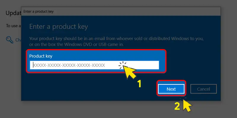 Nhập Product Key để kích hoạt Windows Hộp thoại 'Enter a product key' yêu cầu nhập mã khóa sản phẩm Windows