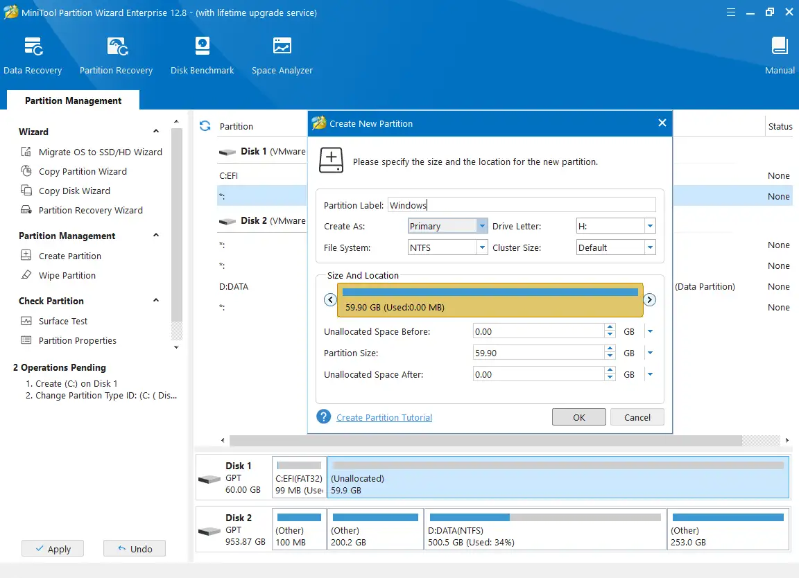 Tạo phân vùng cài đặt Windows trên ổ GPT Hộp thoại tạo phân vùng mới cho hệ điều hành Windows trên ổ cứng GPT