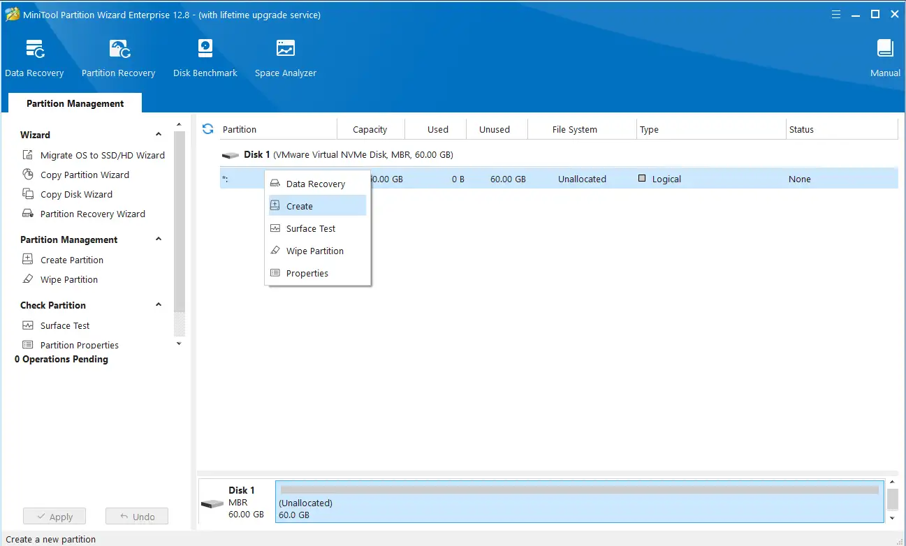 Tạo phân vùng mới trên ổ cứng MBR với Partition Wizard Giao diện Partition Wizard hiển thị ổ đĩa trống và tùy chọn tạo phân vùng mới
