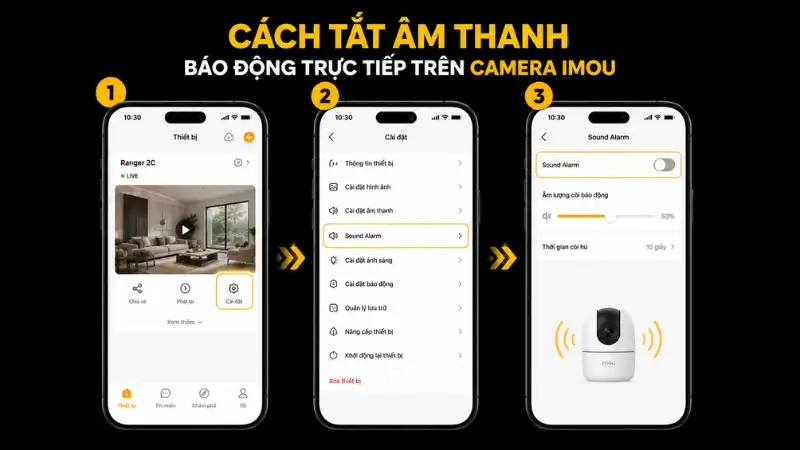 Tắt âm thanh báo động trực tiếp trên camera IMOU Giao diện cài đặt camera IMOU, hiển thị tùy chọn tắt còi báo động