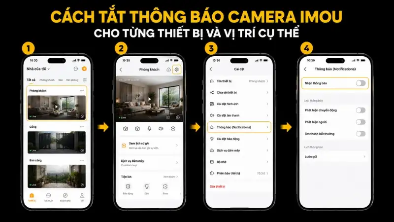 Tắt thông báo camera IMOU theo từng thiết bị Giao diện ứng dụng IMOU Life cho phép tùy chỉnh thông báo cho từng camera riêng biệt