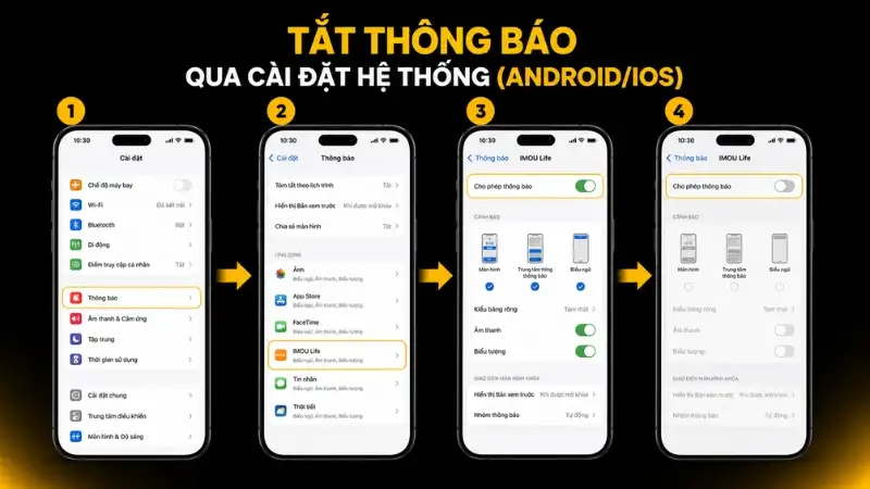 Tắt thông báo IMOU qua cài đặt hệ điều hành Màn hình cài đặt thông báo của điện thoại, hiển thị tùy chọn tắt thông báo cho ứng dụng IMOU Life