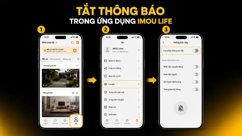 Tắt thông báo trong ứng dụng IMOU Life Giao diện ứng dụng IMOU Life với tùy chọn tắt thông báo đẩy