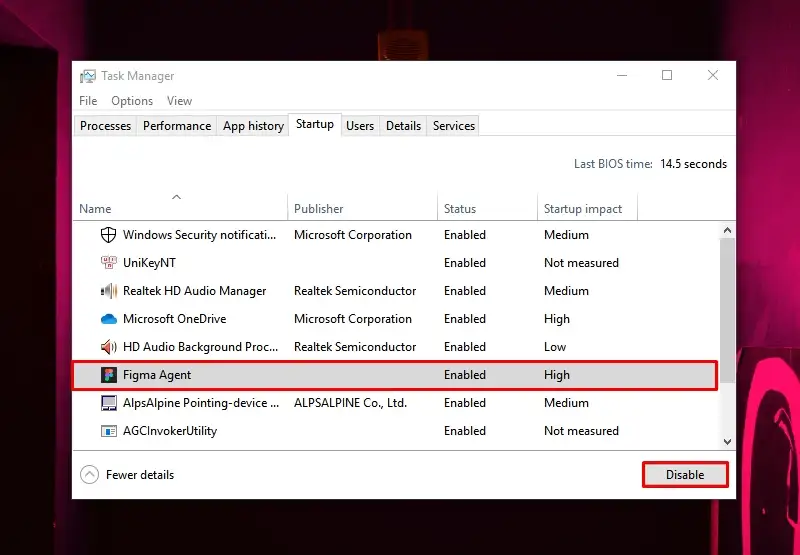 Tắt ứng dụng khởi động trong Task Manager (qua msconfig) Ảnh chụp màn hình tab Startup của Task Manager, hiển thị danh sách ứng dụng và tùy chọn 'Disable' để tắt khởi động.