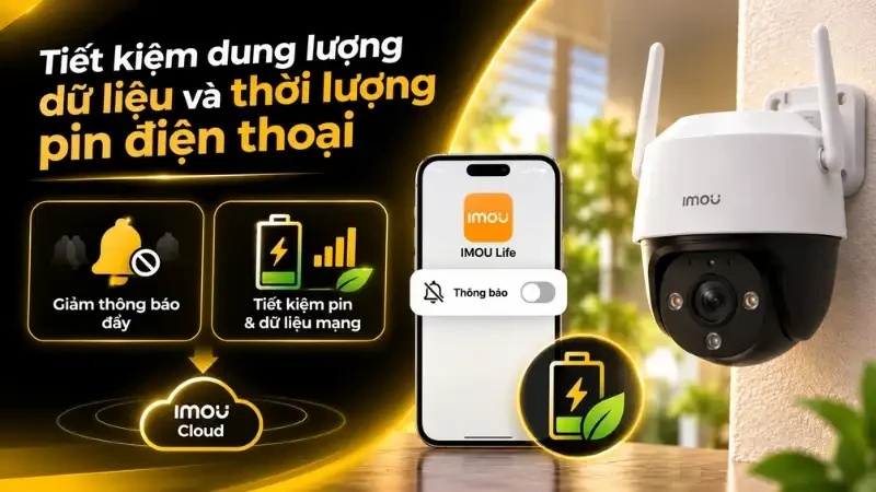 Tiết kiệm pin điện thoại khi tắt thông báo IMOU Biểu tượng pin điện thoại và camera IMOU, thể hiện việc tiết kiệm năng lượng