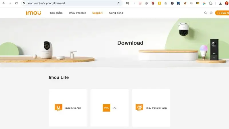 Truy cập trang web IMOU Life để tải phần mềm Màn hình máy tính hiển thị trang web chính thức của IMOU Life với mục tải xuống phần mềm.