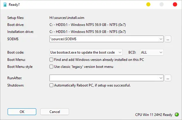 Xác nhận cài đặt Windows với WinNT Setup Hộp thoại xác nhận cài đặt Windows trong WinNT Setup trước khi bắt đầu quá trình