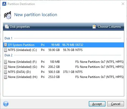 Xác nhận lựa chọn phân vùng EFI Giao diện Acronis True Image hiển thị phân vùng EFI đã được chọn